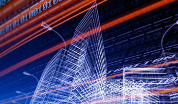an abstract image of code over an abstract image of a streetscape with office buildings
