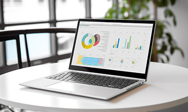 laptop with data visualizations on screen