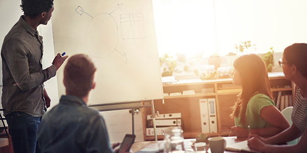 Group of people discussing info on a white board