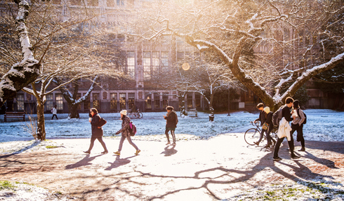 Students walking on UW campus in the snow